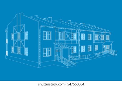 Building perspective 3D. House decorated in style half-timbered framework. Outlines cottage on blue background. House 3D model perspective vector. Cottage blueprint. EPS 10. 