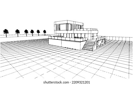Building perspective construction plan facades architectural sketch.Vector illustration