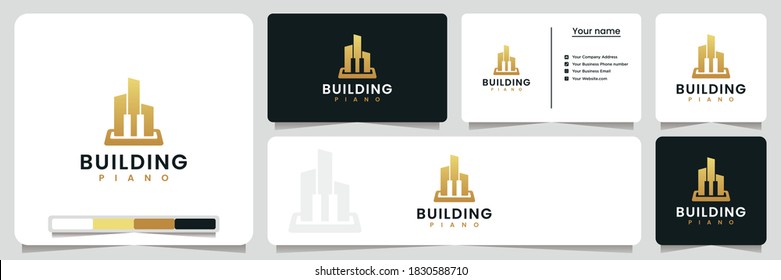 building piano , apartment, melody, with line art style and gold color, logo design inspiration