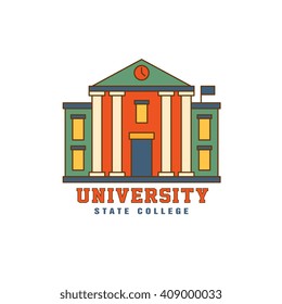 Building With Pillars University Flat Outlined Vector Design Logo With Text On White Background