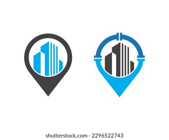 Building with Pin Map Location Logo Concept sign icon symbol Design Element. Home finder, Real Estate, Plumbing Service Logotype. Vector illustration template