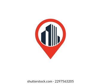 Building with Pin Map Location Logo Concept sign icon symbol Design Element. Point, House, Home, Realtor, Mortgage, Home Finder Logotype. Vector illustration template