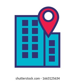 building with pin pointer location line and fill style icon vector illustration design