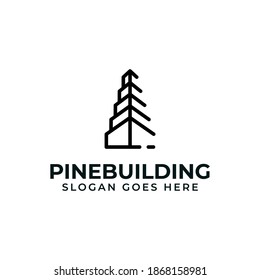 construcción, pino, diseño minimalista de logotipo con estilo de arte de líneas