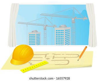 building plan, helmet and cranes