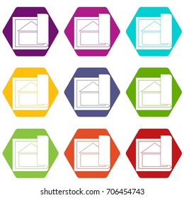 Building plan icon set many color hexahedron isolated on white vector illustration