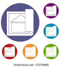 Building plan icons set in flat circle reb, blue and green color for web