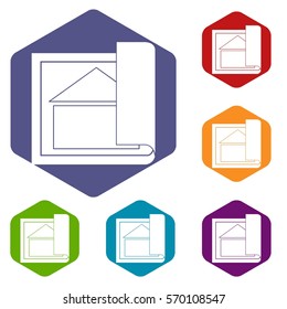 Building plan icons set rhombus in different colors isolated on white background