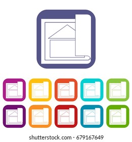 Building plan icons set vector illustration in flat style In colors red, blue, green and other