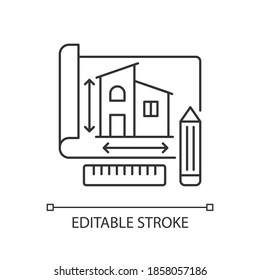 Building plan pixel perfect linear icon. Engineering draft for house. Blueprint of house. Thin line customizable illustration. Contour symbol. Vector isolated outline drawing. Editable stroke