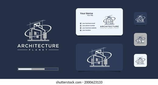 Construir con el concepto del planeta. resumen de construcción de ciudades para inspiración de logo. diseño de tarjeta de negocios