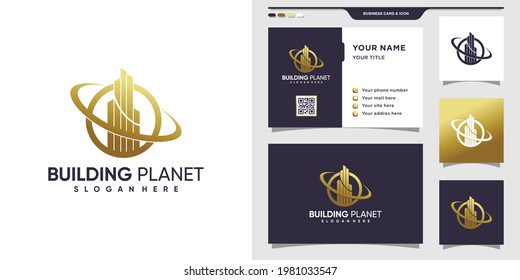 Building planet logo with line style and business card design. Building abstract logo for inspiration, illustration Premium Vector