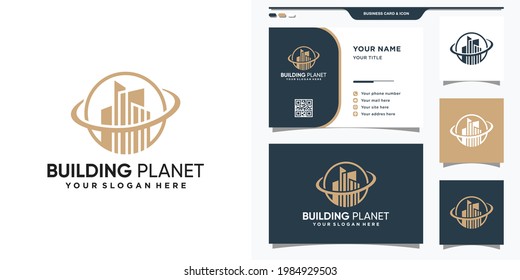 Building planet logo template with linear style and business card design