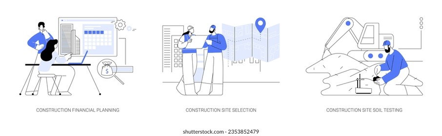 Conjunto de ilustraciones vectoriales de concepto abstracto de planificación de construcción. Planificación financiera de la construcción, elección de lugar para la construcción, pruebas de suelo en el lugar de construcción, estimación de costos metáfora abstracta.