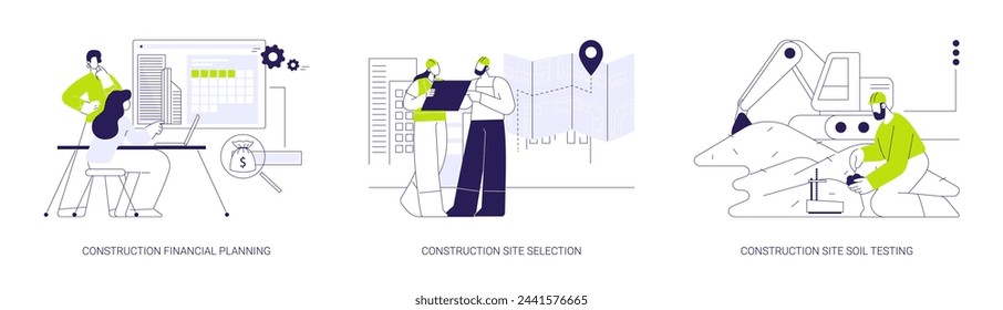 Building planning abstract concept vector illustration set. Construction financial planning, choosing place for building, construction site soil testing, cost estimation abstract metaphor.