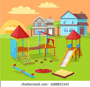 Building and playground vector, 3d house with yard for kids to play. Clouds in sky, greenery and nature. Leisure and activity for children sandbox carousel