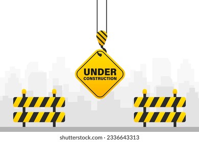 Building plot hook holding sign. Under construction banner with lifting hook. 3D mesh. Website under construction sign on white background. Vector illustration