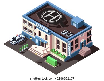 Building of police department, station with helipad on roof and standing police car. 3D element of city, town, urban infrastructure. Isometric vector illustration.