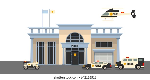 The building of the police station with official transport. Vector illustration isolated on white background.