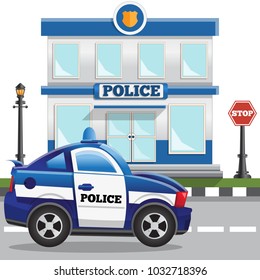 The building of the police station. Side view. Vector illustration. Isolated on white background.