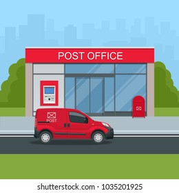 Building Of Post Office And Post Car. Correspondence Isolated Vector Illustration