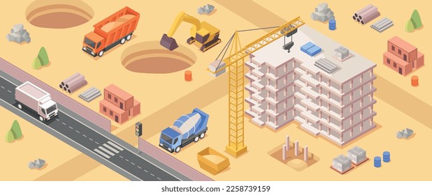 Building process concept. Construction of skyscrapers, transport with materials, bulldozer and crane. Urban architecture and building construction metaphor. Cartoon isometric vector illustration