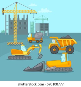 coches de concepto de construcción de procesos de construcción de edificios. Ilustración de caricaturas sobre el concepto de vectores de construcción de procesos de construcción para la web