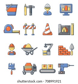 Building process icons set. Carrtoon illustration of 16 building process vector icons for web