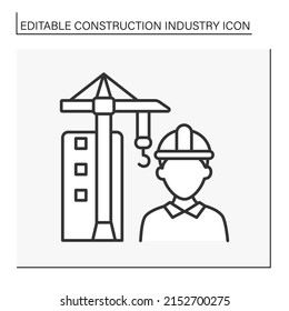 Building process line icon. Hoisting crane. Man controls the skyscraper building process. Construction industry concept. Isolated vector illustration. Editable stroke