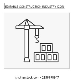  Building Process Line Icon. Hoisting Crane And Cinder Block. Lightweight Building Brick. Construction Industry Concept. Isolated Vector Illustration. Editable Stroke