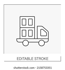  Building process line icon. Truck movement bricks. Construction industry concept. Isolated vector illustration. Editable stroke