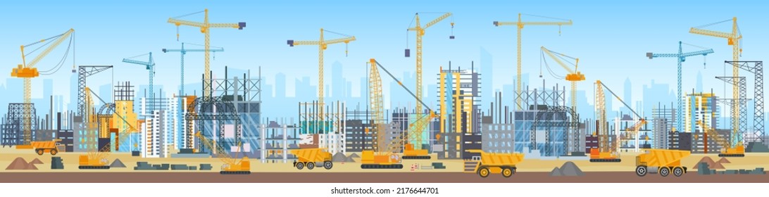 Building process on city construction site with materials and equipment, cranes. Silhouettes of unfinished tall commercial office skyscrapers, towers for home apartments flat vector illustration