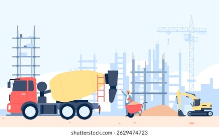 Building process on construction ground. Special transport, sand pile and builder. Concrete mixer, truck, build works in new district, vector illustration