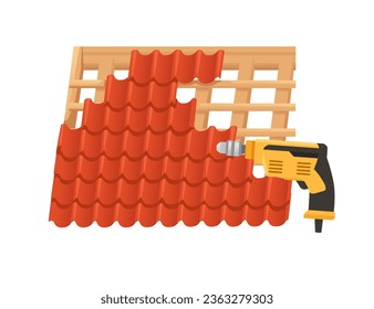 Building process roof from red ceramic tiles using yellow drill vector illustration on white background