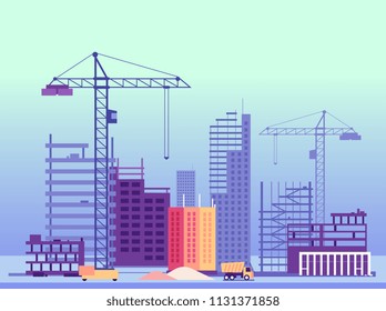 Building Process. Unfinished Buildings And Construction Machines. Vector Illustration. Foundation Building Skyscraper Development