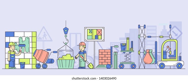 Building process vector flat horizontal illustration. Construction activity of work crew in hardhats with dump cart, cement mixer, tools, crane, project execution plan, bricks, traffic sign.