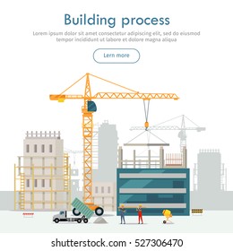 Building process. Web construction site. Cartoon design. Two high industrial cranes lifting heavy elements. Truck near two builders holding long girder. Truck unload sand. Workers. Flat style. Vector