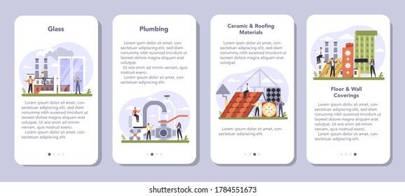 Juego de banners para aplicaciones móviles de la industria de productos de construcción. Concepto de reparación y renovación de viviendas. Ventanilla de plástico, plomería, cerámica, materiales de tejado, revestimiento de suelos y paredes. Ilustración vectorial plana