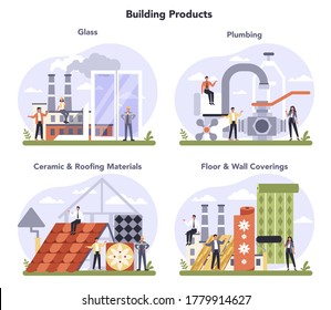 Building products industry set. Home repair and renovation concept. Modern plastic window, plumbing, ceramic and roofing materials, floor and wall covering production. Flat vector illustration