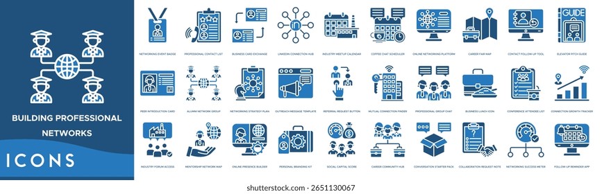 Construindo redes profissionais Conjunto de ícones. Networking Event Badge, lista de contatos profissionais, intercâmbio de cartões de visita, LinkedIn Connection Hub, calendário de reunião da indústria e agendador de bate-papo café