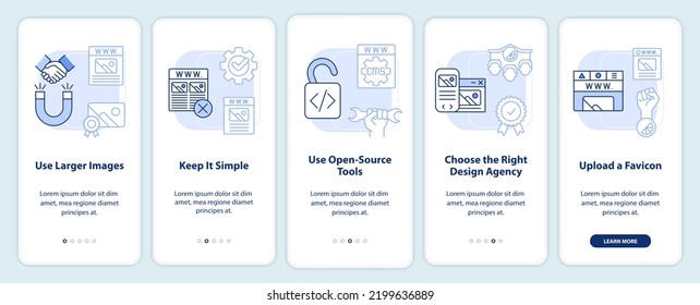 Building professional website light blue onboarding mobile app screen. Walkthrough 5 steps editable graphic instructions with linear concepts. UI, UX, GUI template. Myriad Pro-Bold, Regular fonts used