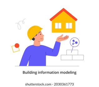 Building project concept. Man holds model of house in his hands and presents it to customers. Sketch for precise construction. Cartoon doodle flat vector illustration isolated on white background