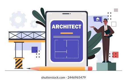 Concepto de proyecto de construcción. Hombre parado cerca del plano. Construcción e ingeniería. Arquitecto con plano de construcción. Constructor con lápiz. Ilustración vectorial plana de dibujos animados aislada sobre fondo blanco