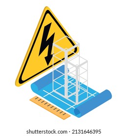 Building project icon isometric vector. Building structure and high voltage sign. Construction graphic idea, architecture, construction drawing