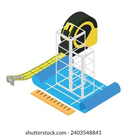 Building project icon isometric vector. Building structure and measuring ruler. Graphic idea, architecture, construction