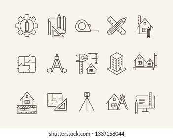 Building project line icon set. Floor plan, layout, compass, ruler. Architecture concept. Can be used for topics like engineering, measurement, construction