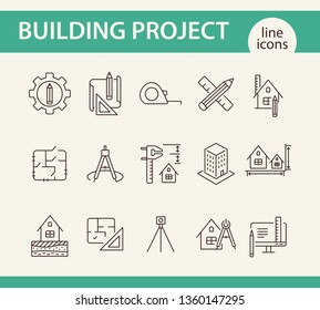 Building project line icon set. Floor plan, layout, compass, ruler. Architecture concept. Can be used for topics like engineering, measurement, construction