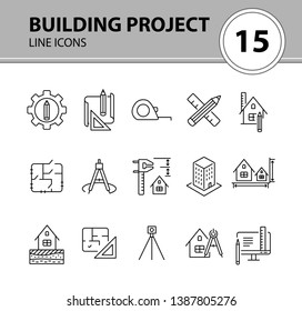 Building project line icon set. Floor plan, layout, compass, ruler. Architecture concept. Can be used for topics like engineering, measurement, construction