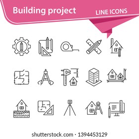 Building project line icon set. Floor plan, layout, compass, ruler. Architecture concept. Can be used for topics like engineering, measurement, construction