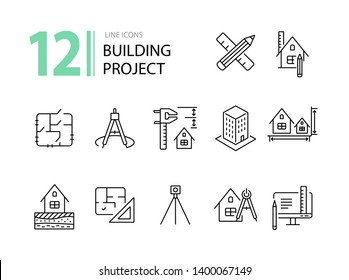 Building project line icon set. Floor plan, layout, compass, ruler. Architecture concept. Can be used for topics like engineering, measurement, construction